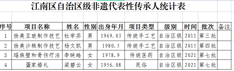 江南区自治区级非遗代表性传承人统计表