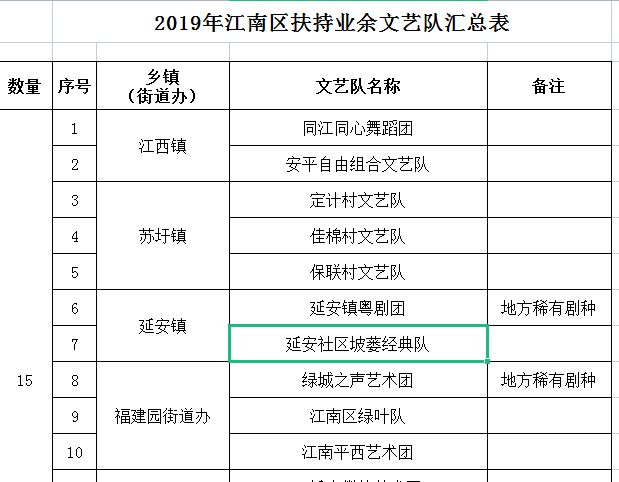 2019年江南区扶持业余文艺队汇总表